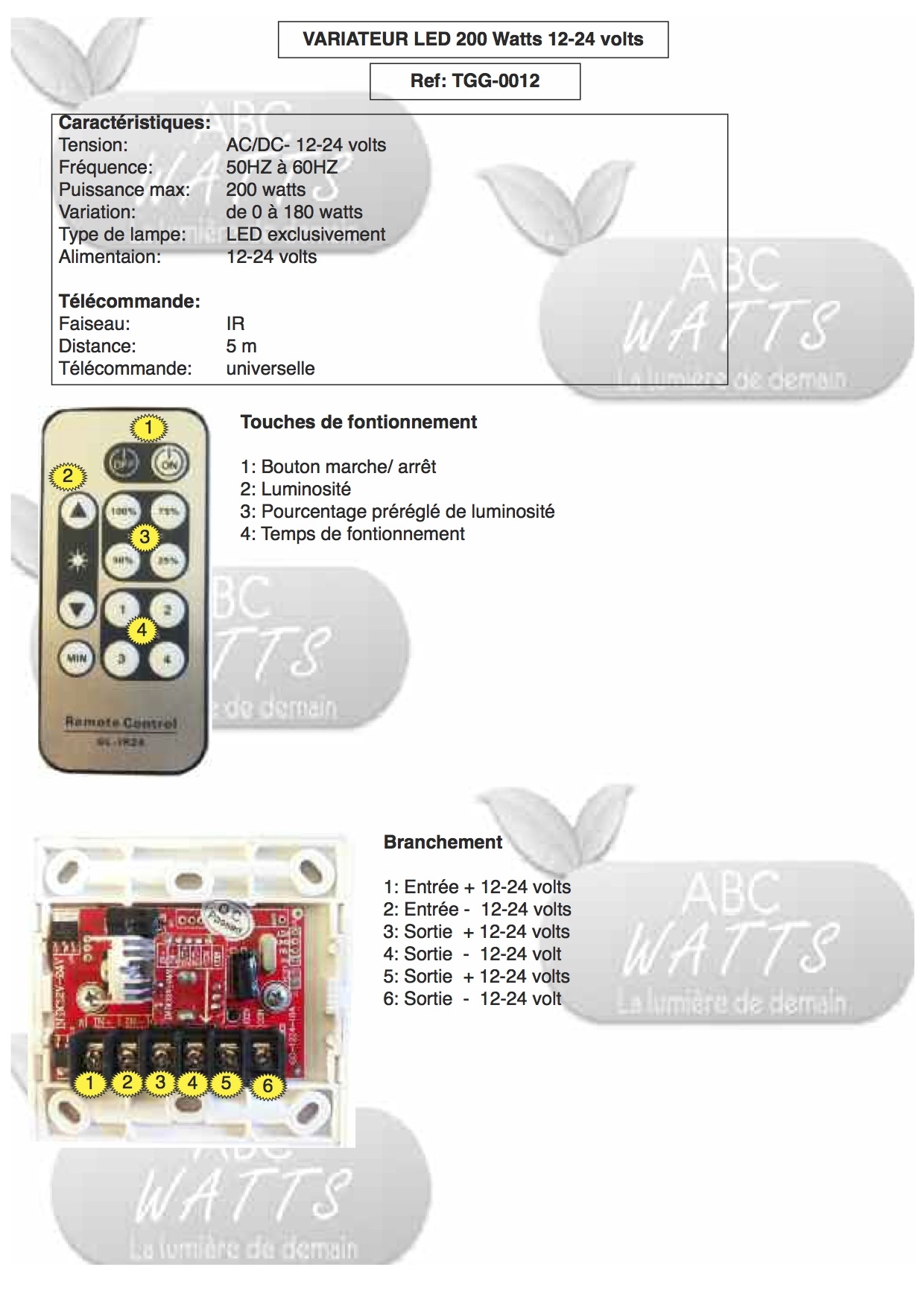 Variateur LED 12-24VDC ► 96-192W Télécommande (TB-LEDDIM-CREM-12V)